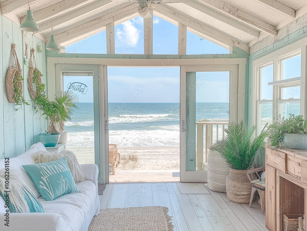 Fototapeta premium Coastal Cottage Retreat: A tranquil living space with large windows offering breathtaking ocean views, inviting you to relax and unwind. The cozy sofa, potted plants.