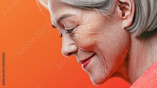 Elderly woman with peaceful smile on vibrant orange background