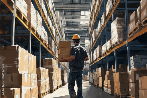 A determined warehouse worker wearing a hard hat carries boxes through a bustling warehouse, symbolizing hard work, dedication, efficiency, logistics, and industrial strength.