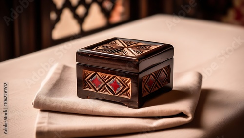 Ornate wooden box with intricate carvings and red accents on a cream linen napkin.