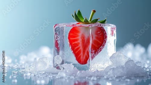 A fresh strawberry encased in a clear ice cube