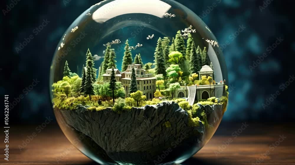 Eco city concept in glass sphere. Close up human hands holding planet earth with green city in it. Eco city concept in glass sphere. Close up human hands holding planet earth with green city in it.