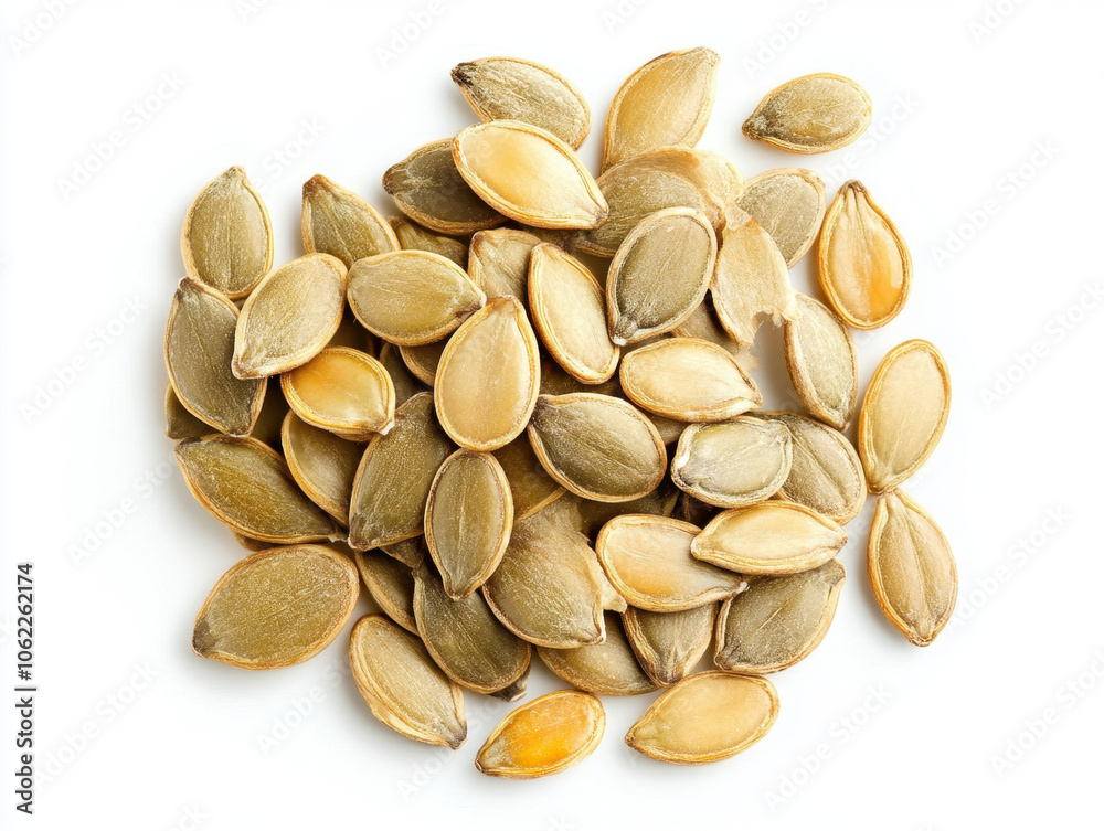A vibrant collection of pumpkin seeds scattered artistically on a clean, white surface A vibrant collection of pumpkin seeds scattered artistically on a clean, white surface