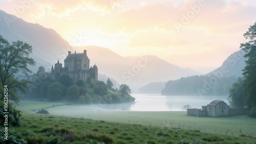 Misty castle landscape at sunrise reflecting in calm lake with mountains in the background