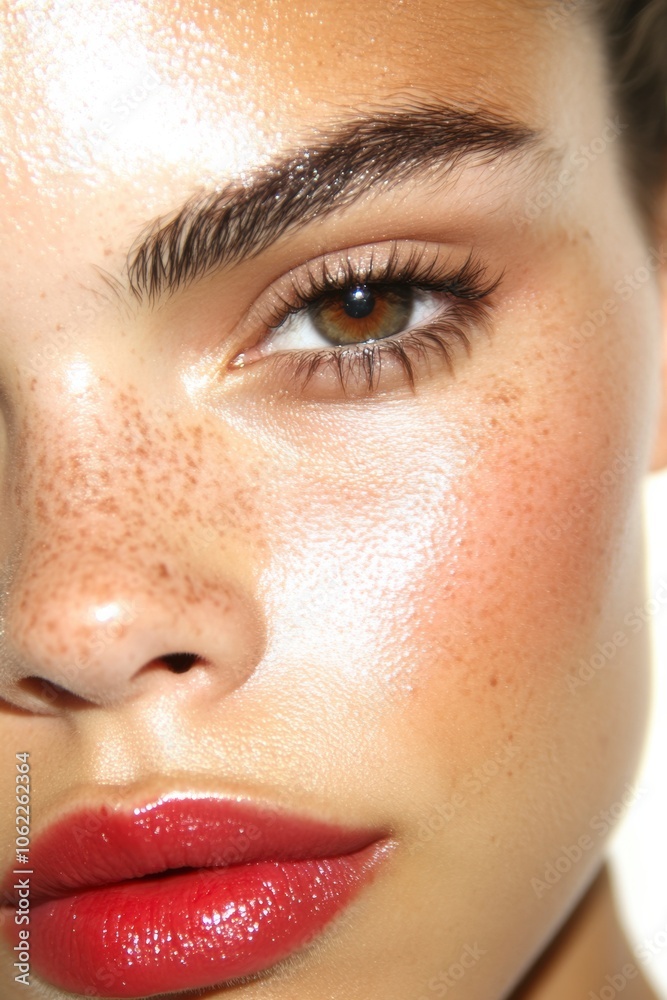 Beauty portrait of a woman with brown eyes and strong eyeshadow, Freckled close-up with glossy red lips Beauty portrait of a woman with brown eyes and strong eyeshadow, Freckled close-up with glossy red lips