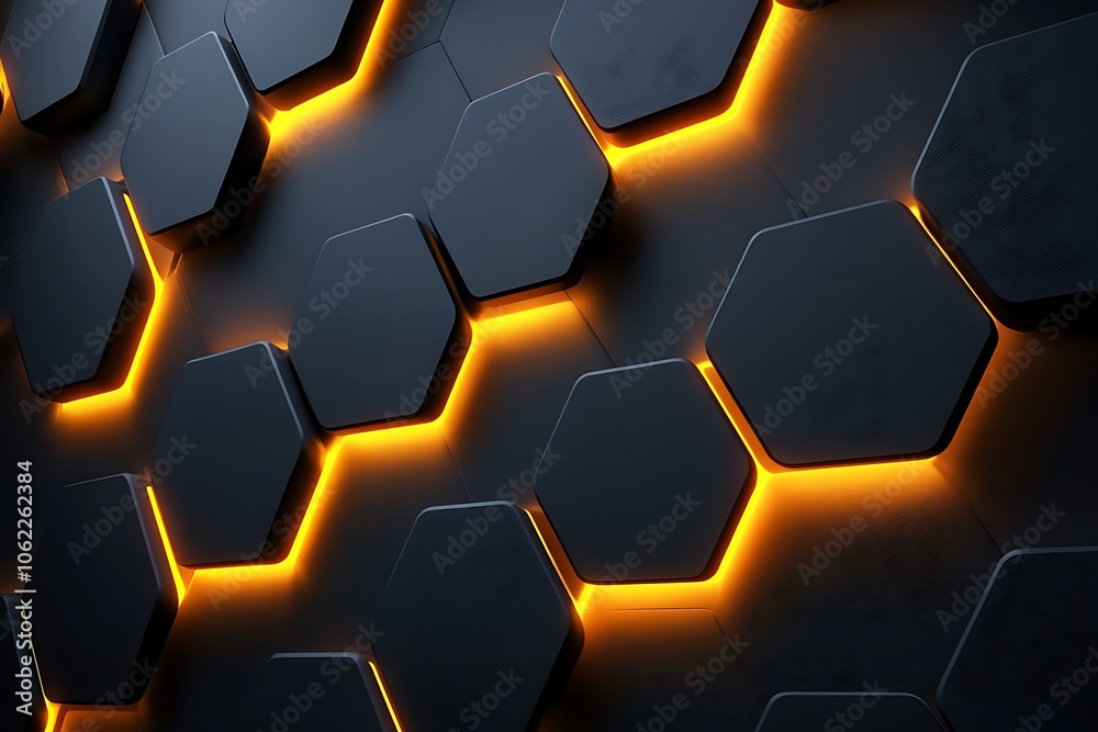 Abstract background with black hexagons and orange glow Abstract background with black hexagons and orange glow