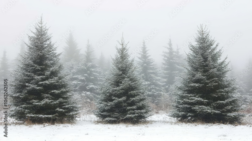 Naklejka premium A captivating scene of snow-covered evergreen trees enveloped in a mystical mist, creating a serene and ethereal ambiance. The tall trees stand proudly against the white backdrop, their branches adorn