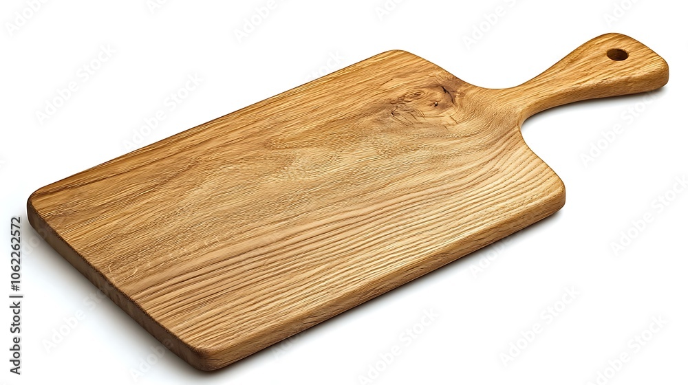 A wooden cutting board with a handle and a hole in it, isolated on a white background. A wooden cutting board with a handle and a hole in it, isolated on a white background.