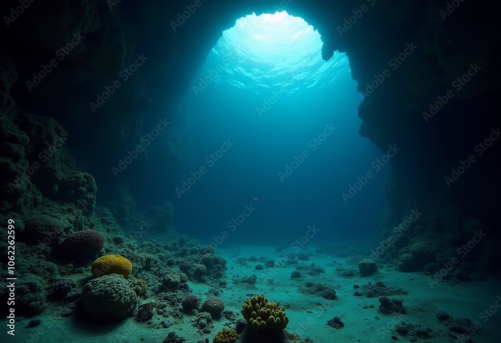 Exploring underwater caves with coral formations and shafts of light in a serene ocean landscape Exploring underwater caves with coral formations and shafts of light in a serene ocean landscape