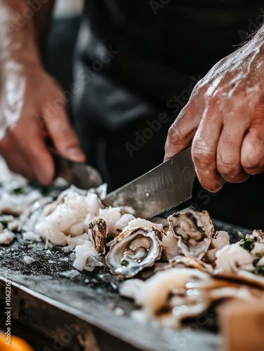 Close-up shot showcasing the skillful shucking of fresh oysters, revealing their delicate pearls. The chef's hand expertly maneuvers a sharp knife, preparing these prized seafood delicacies for a luxu