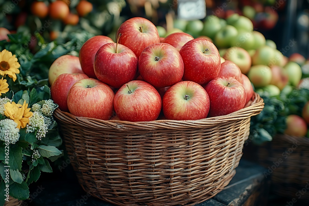 A wicker basket full of ripe red apples at a market stall A wicker basket full of ripe red apples at a market stall
