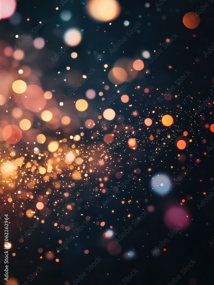 Obraz premium Abstract black background with colorful light fragments, subtle bokeh overlay effects. Lots of colorful lights, blurry cinematic sparkling particles in the air, glowy iridescence festive light effect