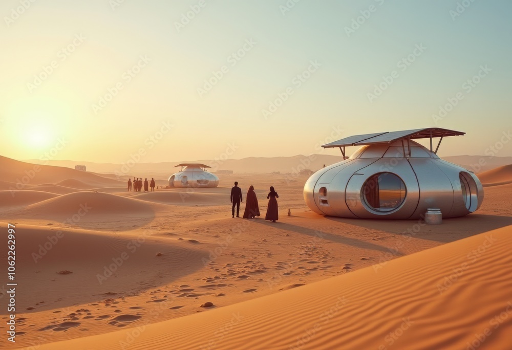 Modern futuristic homes in a vast desert landscape at sunset, showcasing innovative architecture and serene surroundings