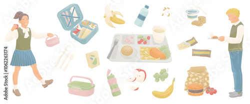 elementary school boy and girl and school nutrition set, food tray, lunchbox, burger, fruits, drinks