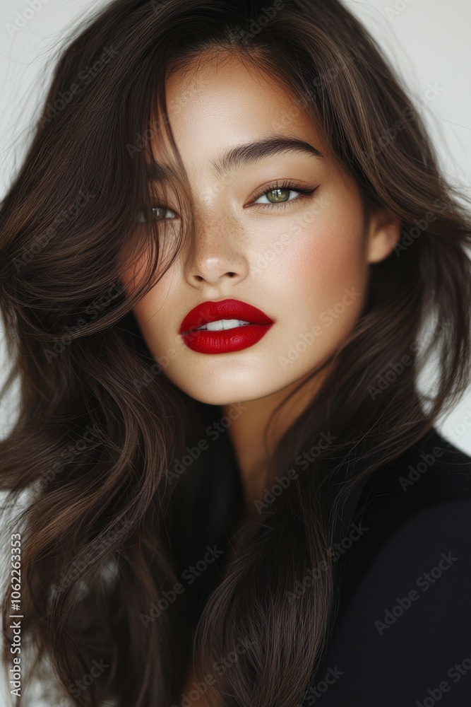 Stunning portrait with red lips and voluminous hair - Caucasian model with light skin, blonde hair, and wavy style