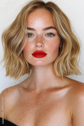 Red-lipped portrait with natural freckles and blonde hair - Caucasian model with light skin, blonde hair, and wavy style