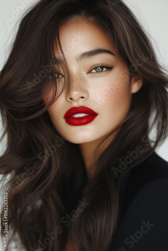 Obraz na płótnie Stunning portrait with red lips and voluminous hair - Caucasian model with light skin, blonde hair, and wavy style w salonie