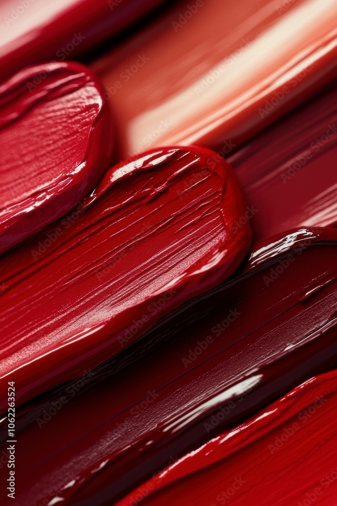 Close-up of textured red lipstick smears