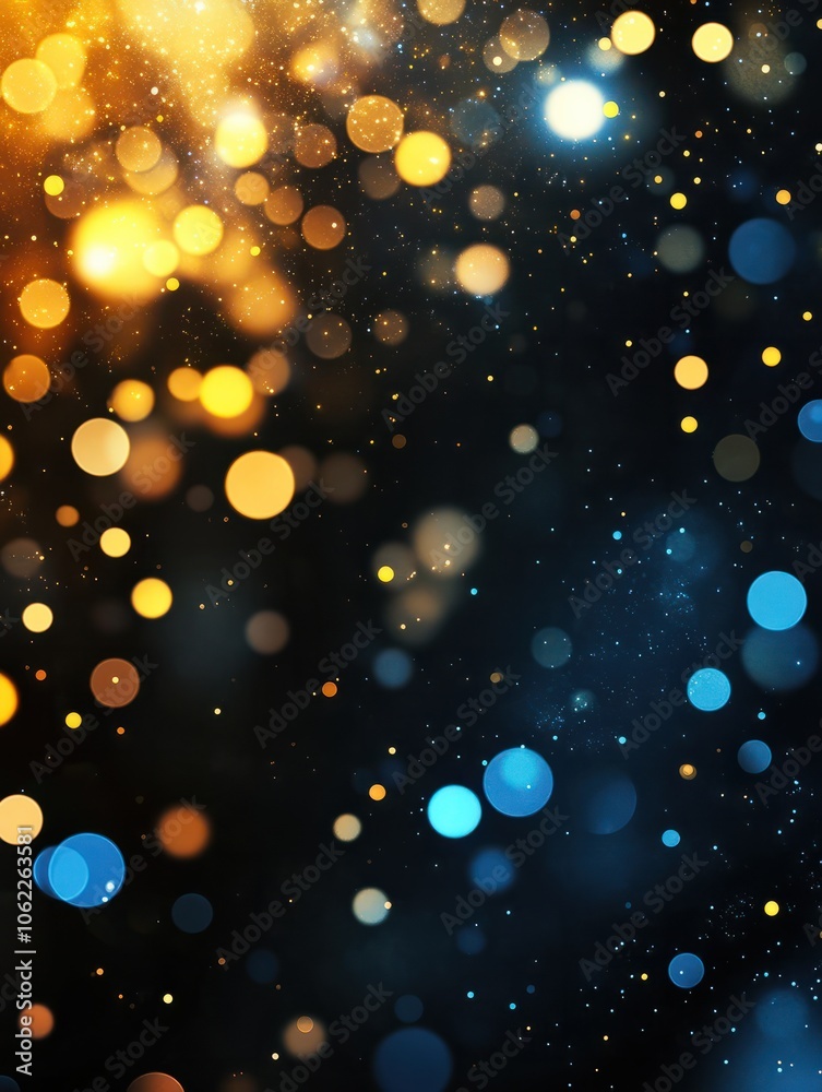 background of abstract glitter lights. gold, blue and black. de focused