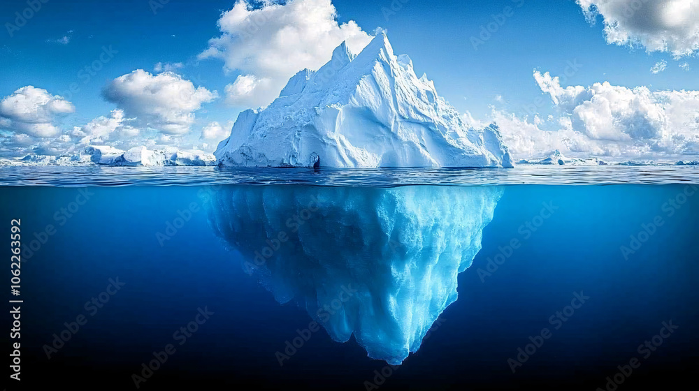 majestic iceberg half submerged in blue ocean water under a cloudy sky majestic iceberg half submerged in blue ocean water under a cloudy sky