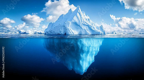 majestic iceberg half submerged in blue ocean water under a cloudy sky