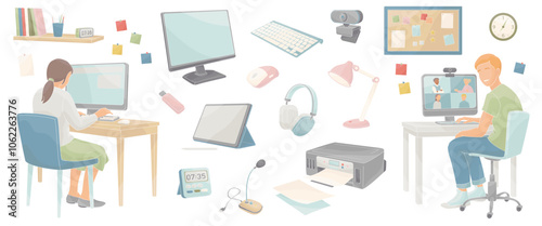 School-age boy and girl sitting at a computer and set elements about online learning - keyboard, printer, camera, microphone, tablet, stylus,screen, mouse computer