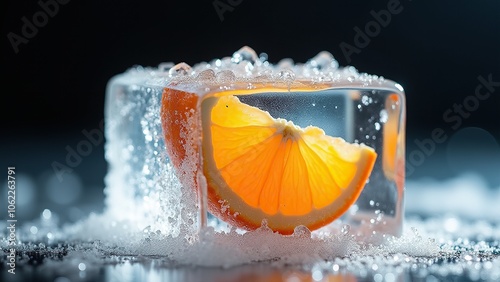A fresh orange slice encased in a clear ice cube