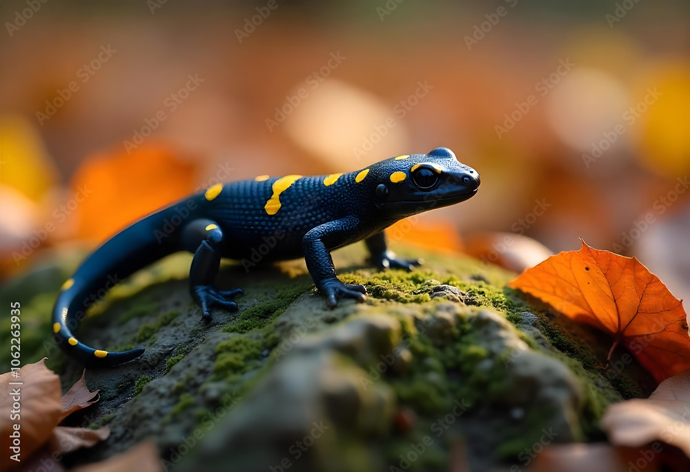 Salamander reptile lizard in the leaves and moss on the rock in the forest Salamander reptile lizard in the leaves and moss on the rock in the forest
