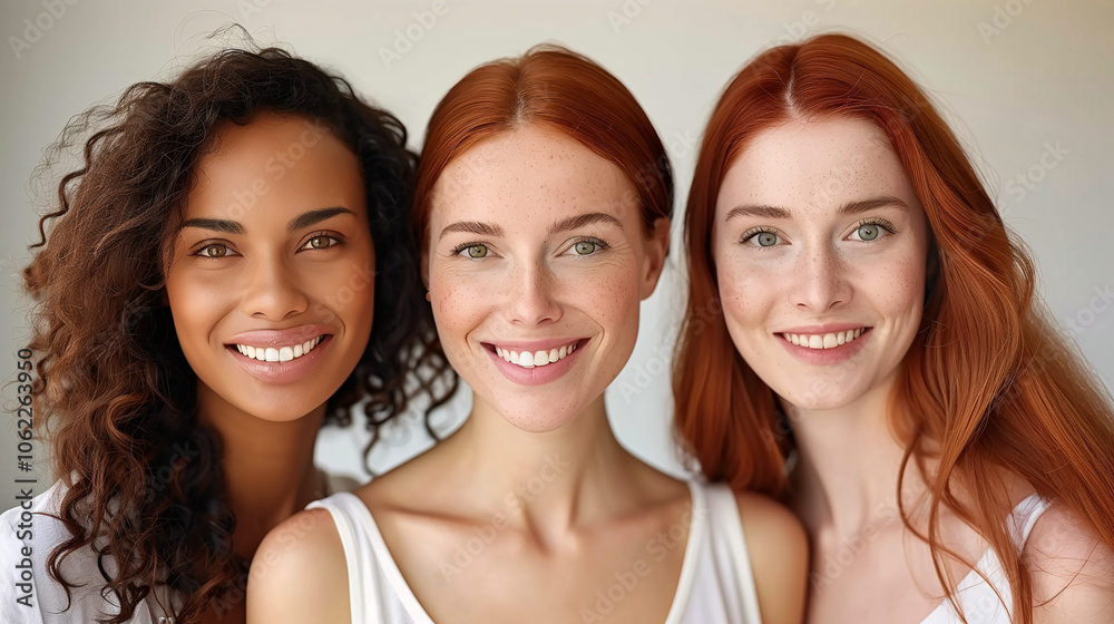 Retrato de tres mujeres jóvenes sonrientes con cabello pelirrojo y ondulado Retrato de tres mujeres jóvenes sonrientes con cabello pelirrojo y ondulado