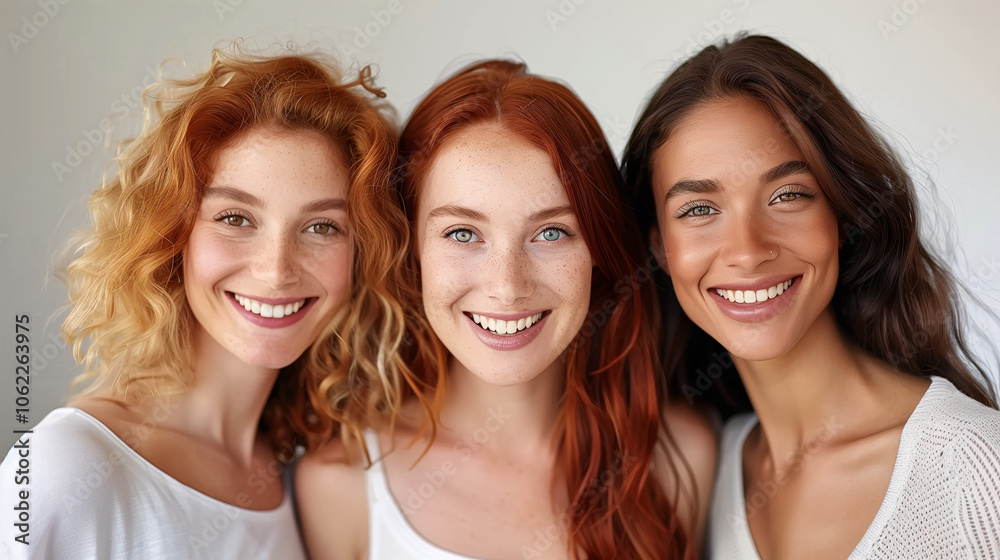 Retrato de tres mujeres jóvenes sonrientes con cabello pelirrojo y ondulado Retrato de tres mujeres jóvenes sonrientes con cabello pelirrojo y ondulado