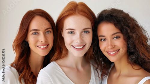 Retrato de tres mujeres jóvenes sonrientes con cabello pelirrojo y ondulado