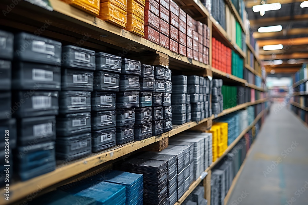 A large warehouse with shelves stocked with various products A large warehouse with shelves stocked with various products