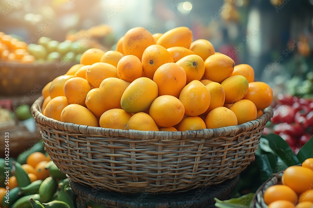 A wicker basket overflowing with ripe, yellow mangoes at a vibrant market. A wicker basket overflowing with ripe, yellow mangoes at a vibrant market.