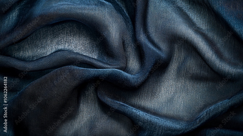Fototapeta premium Close-up of soft, blue fabric with flowing, wavy texture.
