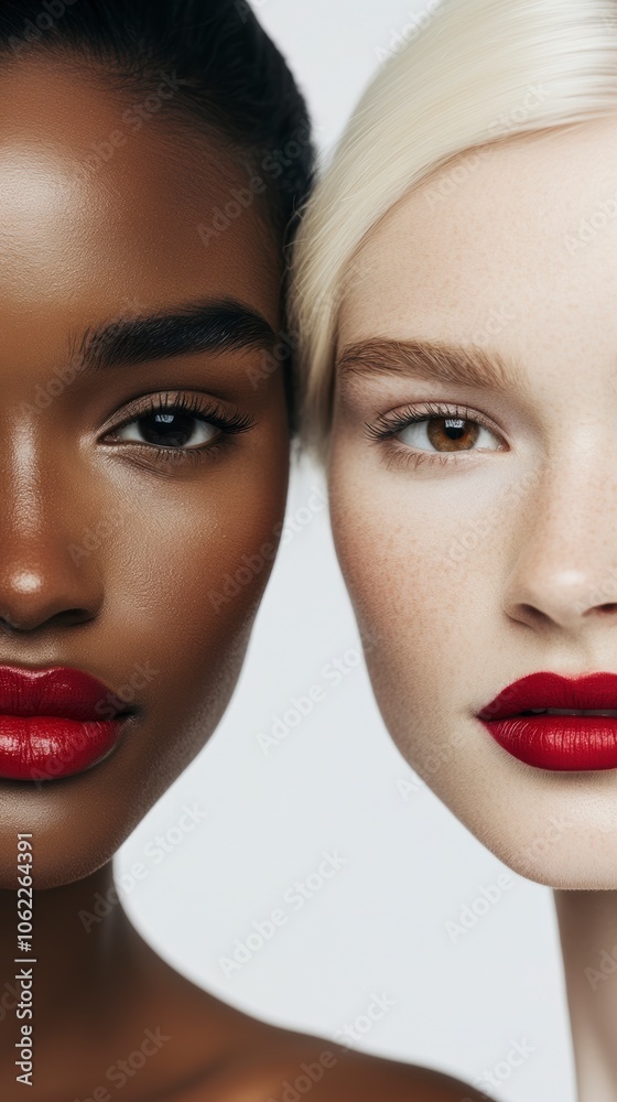 Close-up of diverse models with red lipstick - Caucasian model with light skin, blonde hair, and wavy style Close-up of diverse models with red lipstick - Caucasian model with light skin, blonde hair, and wavy style