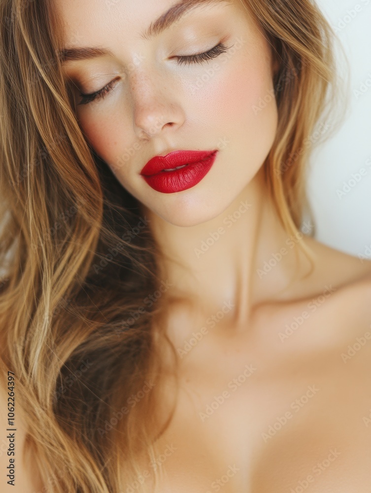 Serene model with closed eyes and red lipstick - Caucasian model with light skin, blonde hair, and wavy style Serene model with closed eyes and red lipstick - Caucasian model with light skin, blonde hair, and wavy style