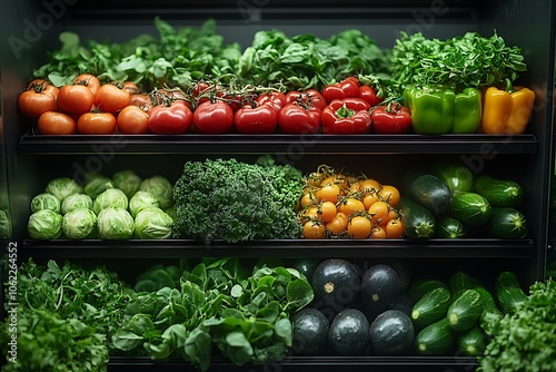 Fresh and colorful produce neatly arranged on grocery store shelves.