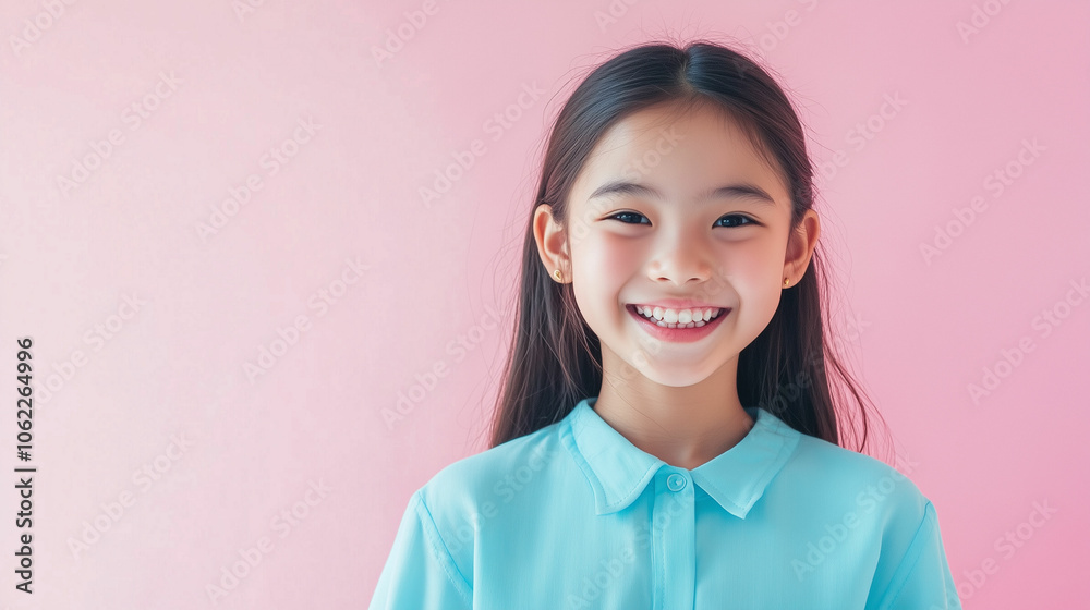 A teenage girl smiles joyfully against a soft pink background during a sunny afternoon A teenage girl smiles joyfully against a soft pink background during a sunny afternoon
