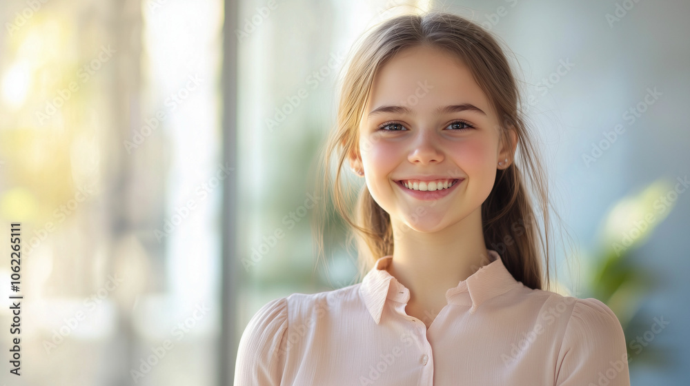 A teenage European girl smiling brightly in a sunny indoor setting during daytime A teenage European girl smiling brightly in a sunny indoor setting during daytime