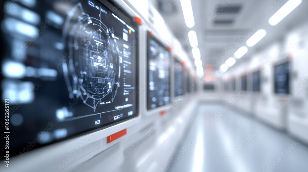A row of computer monitors with technical information displayed on the screen in a white, sterile room. A row of computer monitors with technical information displayed on the screen in a white, sterile room.