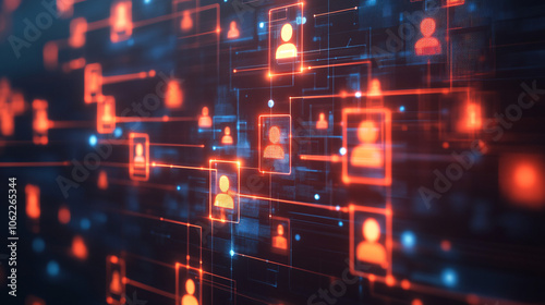 A stylized network of client profiles connected to a professional team through glowing digital lines, representing CMR strategies and seamless client communication. 