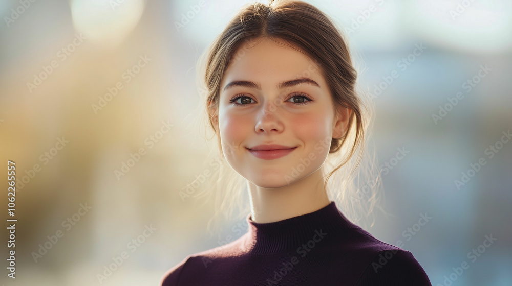 A young European woman smiles warmly in a sunny outdoor setting during an afternoon in autumn A young European woman smiles warmly in a sunny outdoor setting during an afternoon in autumn