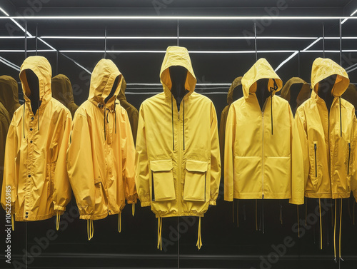 Vibrant rain jackets displayed in a trendy store, ready for spring adventures with style