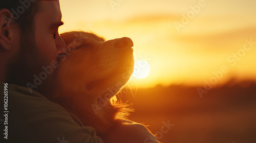 Man and golden retriever dog silhouetted against a sunset.