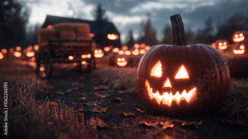 A glowing jack-o'-lantern sits in a field of pumpkins, ready for Halloween. photo