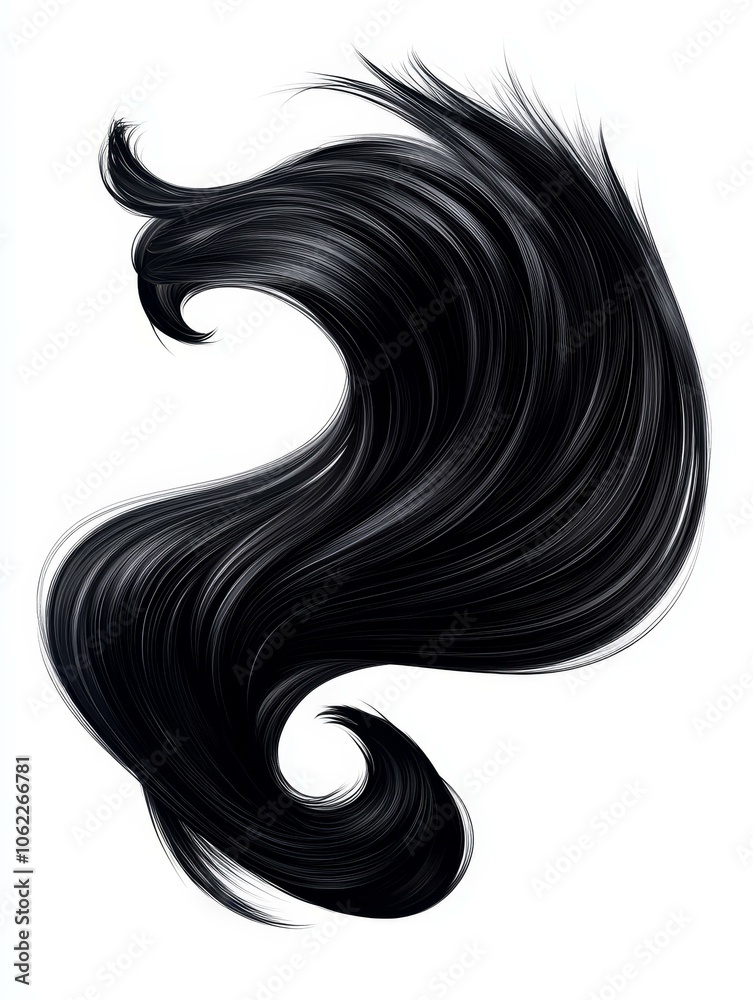 A beautiful strand of silky black hair flowing in smooth waves, isolated on a white background. Represents beauty, style, elegance, femininity, and hair care. A beautiful strand of silky black hair flowing in smooth waves, isolated on a white background. Represents beauty, style, elegance, femininity, and hair care.