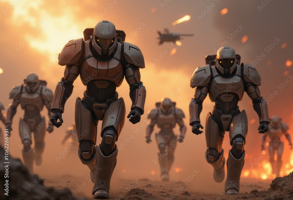 Futuristic robotic soldiers advance through a fiery battlefield, showcasing advanced technology and military tactics during combat Futuristic robotic soldiers advance through a fiery battlefield, showcasing advanced technology and military tactics during combat