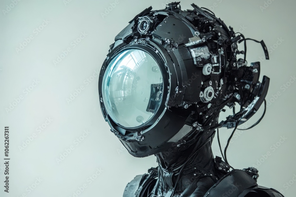 Futuristic Robotic Figure with Circular Mirror, a cyborg with a unique head design, showcasing advanced technology, artificial intelligence, and the future of robotics. Futuristic Robotic Figure with Circular Mirror, a cyborg with a unique head design, showcasing advanced technology, artificial intelligence, and the future of robotics.