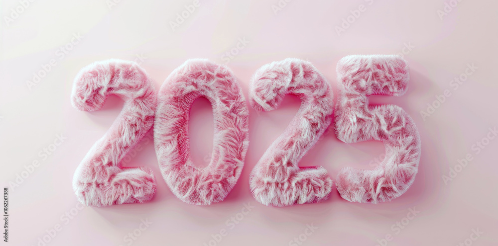 A whimsical display of the numbers 2025 in fluffy pink texture on a soft pink background. A whimsical display of the numbers 2025 in fluffy pink texture on a soft pink background.