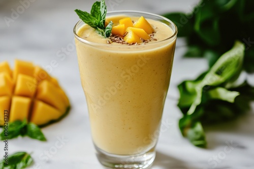 A tropical smoothie featuring pineapple, mango, and coconut milk, sweetened with natural dates for a rich, indulgent flavor without any added sugar, ideal for a healthy breakfast